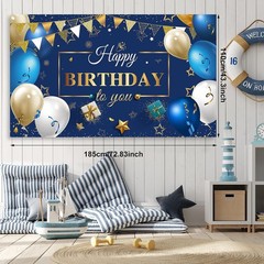 Elegant Navy Blue Gold Balloon Kit with Backdrop Banner – Perfect for Birthdays