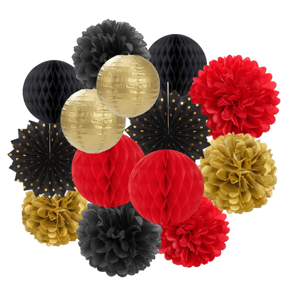 Red-Black Gold Party Decorations Streamers Lanterns – 14pcs Casino-Theme Grad…