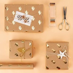 6 Sheet Kraft Wrapping Paper Gold Foil Pineapple Cactus Shiny 17.5 x 30 Each