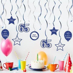 15 Pcs Happy 65th Birthday Blue Silver Glitter Swirls Streamers Decorations