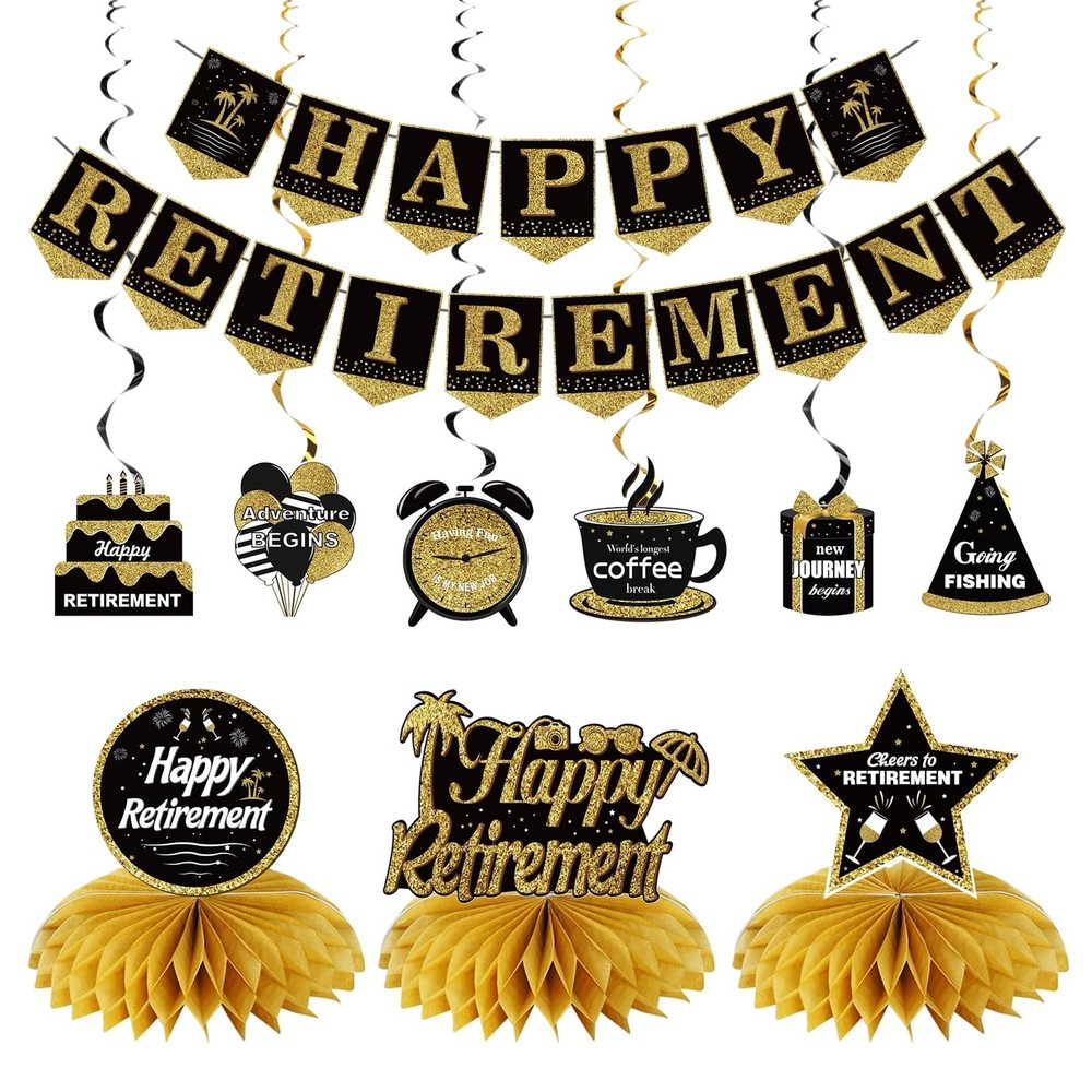 Happy Retirement Party Decorations Kit for Women Men, Black Gold Retirement B…