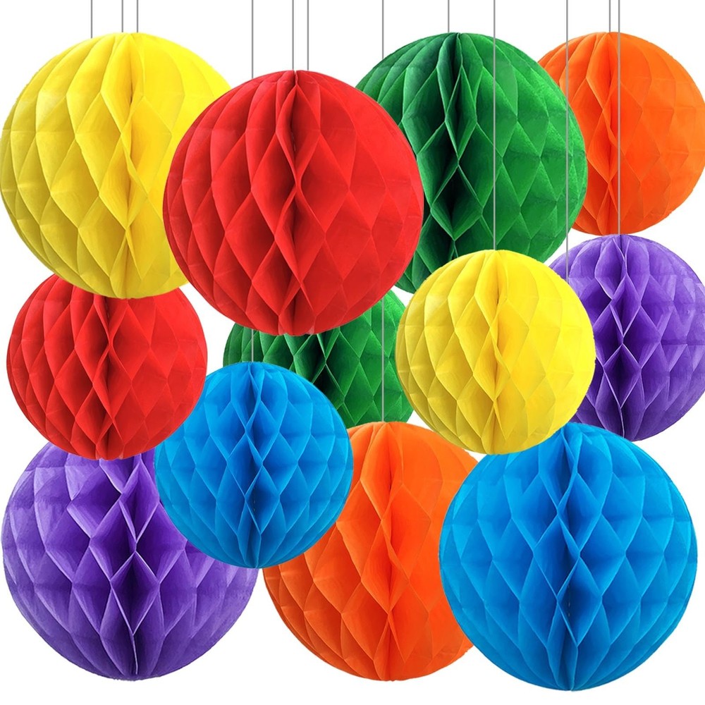 12 Pack Rainbow Paper Honeycomb Balls, Colourful Hanging Tissue Pom Poms, Party