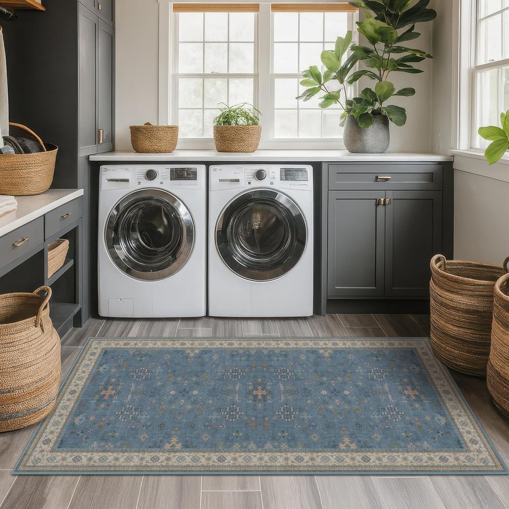 Boho 2×5 Kitchen Rugs Non Slip – Washable Blue 2′ x 5′ (Runner), Dusty