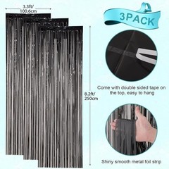 Black Foil Fringe Curtains 3 Pack Shimmer Backdrop Party Decor Easy Hang New