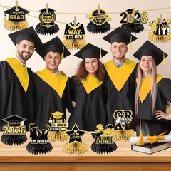 Black Gold Glitter Congrats Grad Class Of 2026 Honeycomb Centerpieces 12PK
