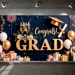 2026 Graduation Banner Decorations Navy Blue Gold Balloons Congrats Grad Backdro