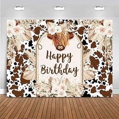 Happy Birthday Cow Backdrop 7x5ft | Boho Farm Photography Background | Cattle Pa