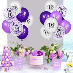 Purple 16th Balloons Decorations – 16Pcs Purple White Happy 16th Confetti Lat…