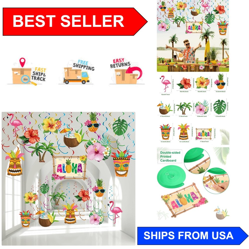 Tropical Themed Hanging Decorations – 30-Piece Luau Swirl Set for Fun Parties