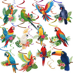 58 Pcs Tropical Birds Hawaiian Hanging Swirl, Tropical Toucan Parrot Party Foil