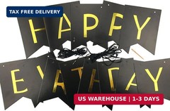 Fecedy Black Happy Birthday Bunting Banner with Shiny Gold Letters Pre-Strung No