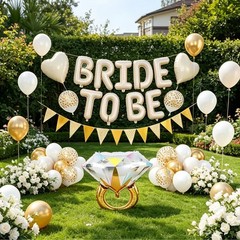 Gold & White Bride Balloons – Bachelorette Party Decorations, Diamond Ring Foil,