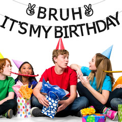 Black Pre-Strung ‘Bruh It’S My Birthday’ Banner – 2Pcs, 7.2Ft, No DIY, Glitter C
