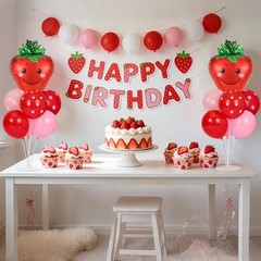Strawberry Party Balloon Stand Kit – 2 Sets with Red & Pink Dot Foil Balloons, S