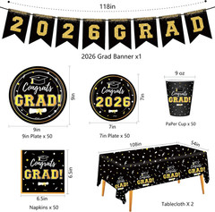 2026 Graduation Tableware Set Black Disposable Plates Cups Napkins Kit Serve 25s