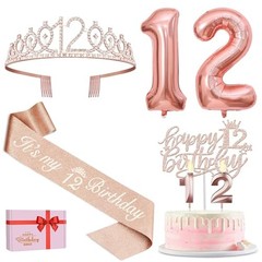 12th Birthday Decorations for Girls Rose Gold Set Sash Tiara Balloons Cake Toppe