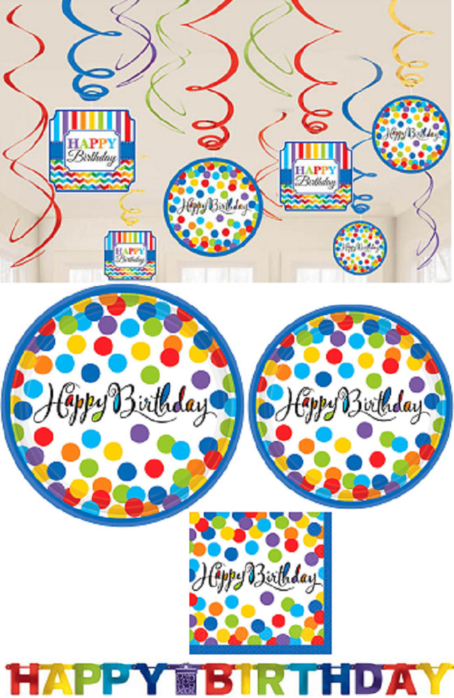 Amscan Colorful Confetti Birthday Party Bundle of Plates, Napkins, Decorations