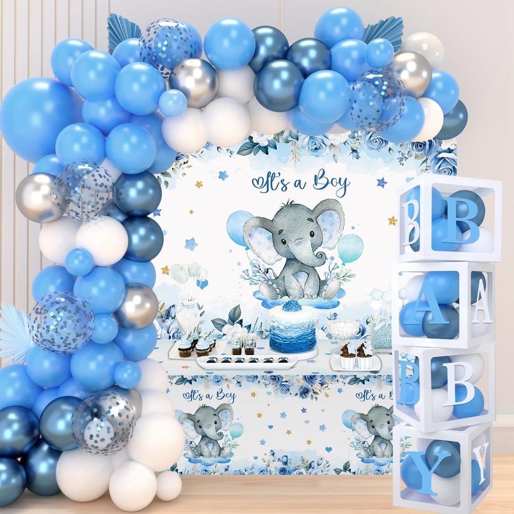 Blue Elephant Baby Shower Decorations Boy – Blue Balloon Garland Kit,Baby Box…