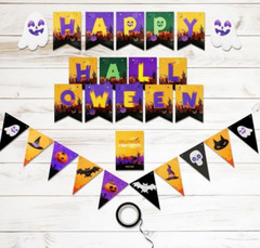 HAPPY HALLOWEEN Front Porch Banner Colorful Halloween Fishtail & Triangle Banner