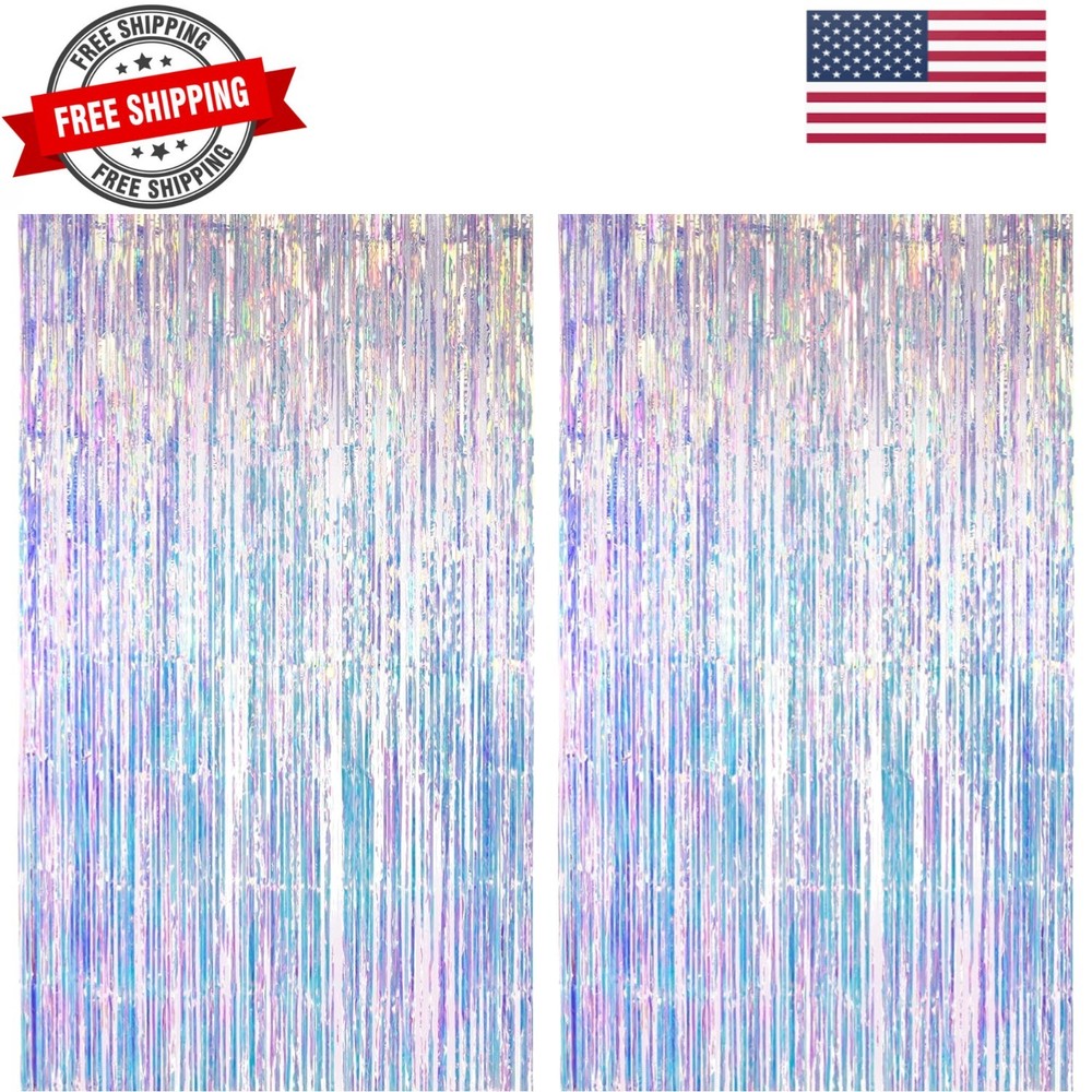 Iridescent Party Streamers Backdrop – Neon Transparent Holographic Tinsel Foi…