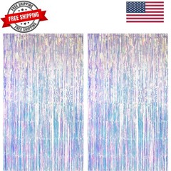 Iridescent Party Streamers Backdrop – Neon Transparent Holographic Tinsel Foi…