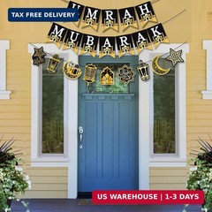 AhfuLife Umrah Mubarak Banner Set, 3 Pcs Pre-Tied EID Decor with Moon Star Garla