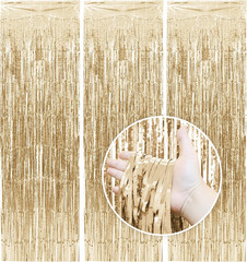 3 Pack Champagne Tinsel Backdrop, 3.3X6.6 FT Metallic Tinsel Foil Fringe Curtain