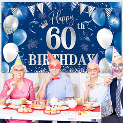 60Th Birthday Banner Backdrophappy 60Th Birthday Decorationsblue Silver Fabri…