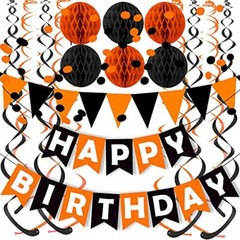 Fecedy Happy Birthday Banner Paper Triangle Flag Bunting Circle Black Orange