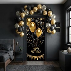 Happy Birthday Door Banner Decorations – Black and Gold Birthday Door Cover f…