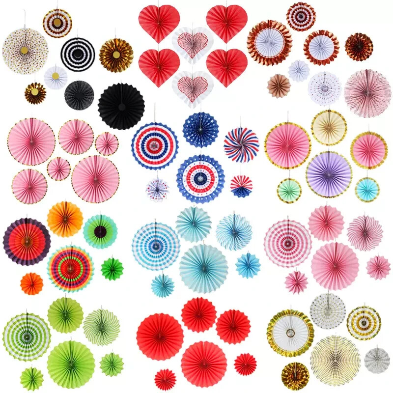 6/8pcs Mix Colour Gold Patterned Hanging Paper Fans Coloured Fan Set Party Decor