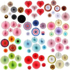 6/8pcs Mix Colour Gold Patterned Hanging Paper Fans Coloured Fan Set Party Decor