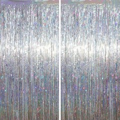 2 Pack Laser Silver Tinsel Foil Fringe Curtains, Metallic Party Streamers