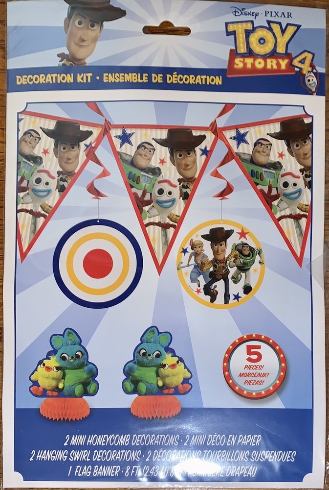 Toy Story 4 Birthday Party Decor Kit 8’ Flag Banner 2 Hanging Swirls 2 Honeycomb