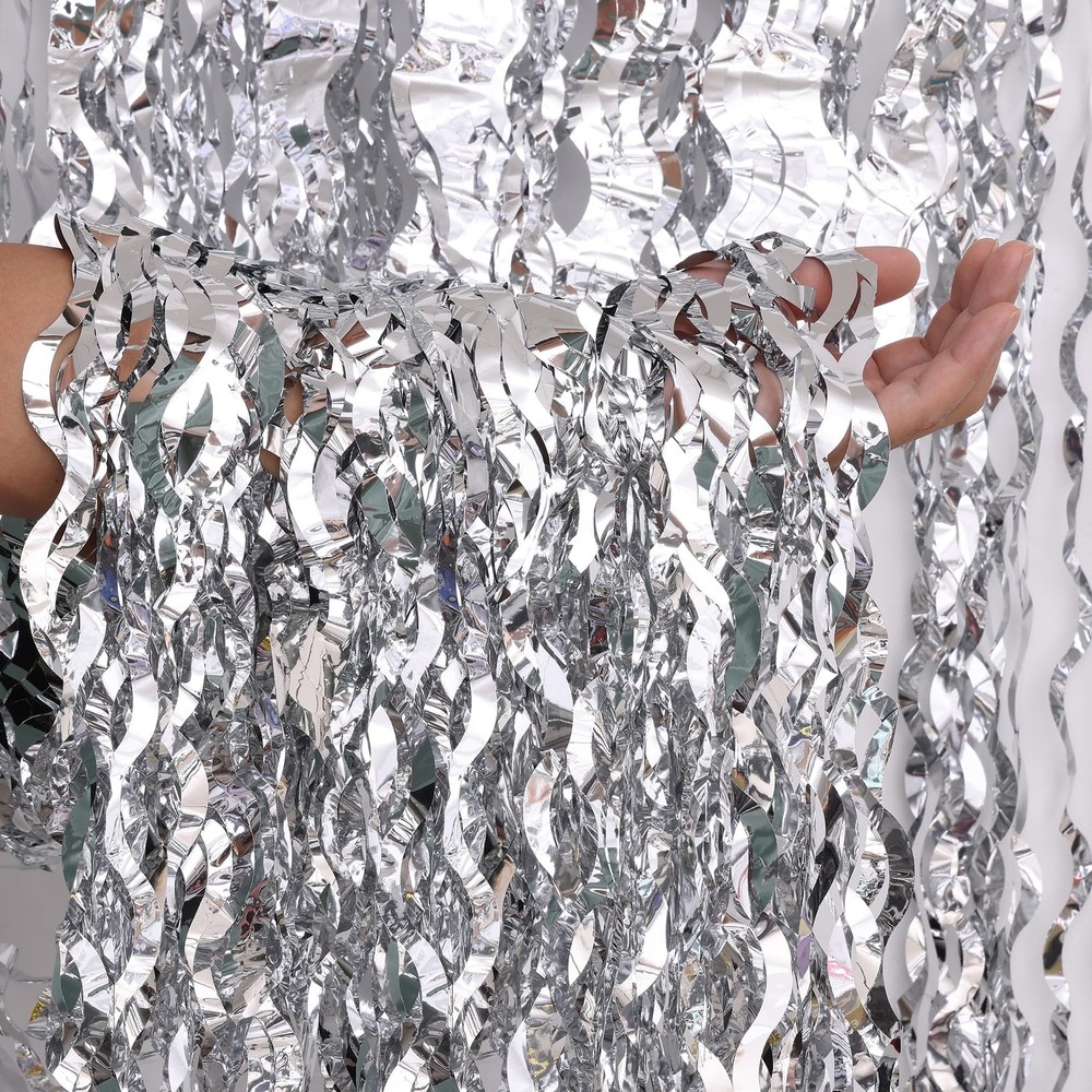 Wavy Silver Foil Curtain Backdrop 3.2×6.5 Feet Metallic Tinsel Streamer 2 PCS