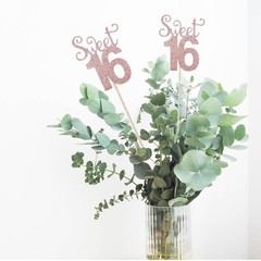 10-Pack Sweet 16 Centerpiece Sticks, Rose Gold Glitter, Number 16 Table Topper