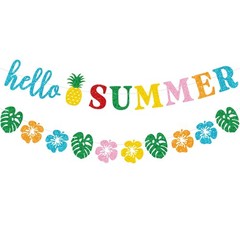 Glittery Hello Summer Banner Hawaiian Luau Tropical Themed Banner Colorful Su…