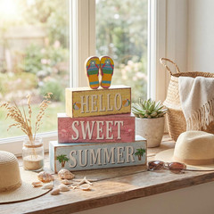 Hello Sweet Summer Decorations Flip Flop Wooden Sign Indoor Tabletop Gift 4 Pcs