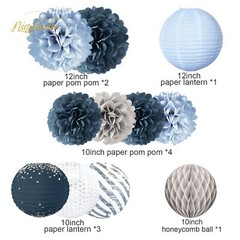 Wedding Party Decorations – 12PCS Dusty Blue Tissue Pom Poms Paper Lantern 50…