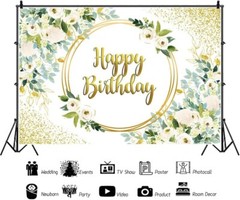 Happy Birthday Backdrop Gold and Green Eucalyptus Leaf Party Deco 7x5ft Polyeste