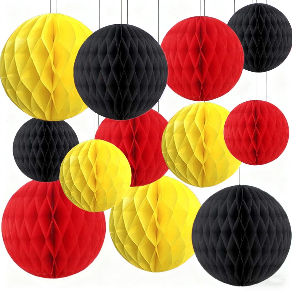 12 PCS Red Black Yellow Hanging Honeycomb Birthday Party Decorations 6x8x10 Inch