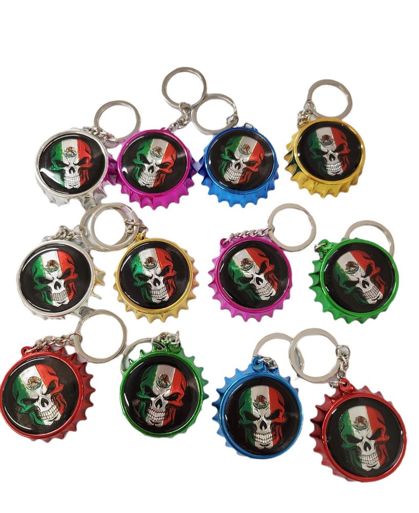 Set of 12x Mexico Flag skull Key Chain Metal Chrome Plated Keychain day of dead