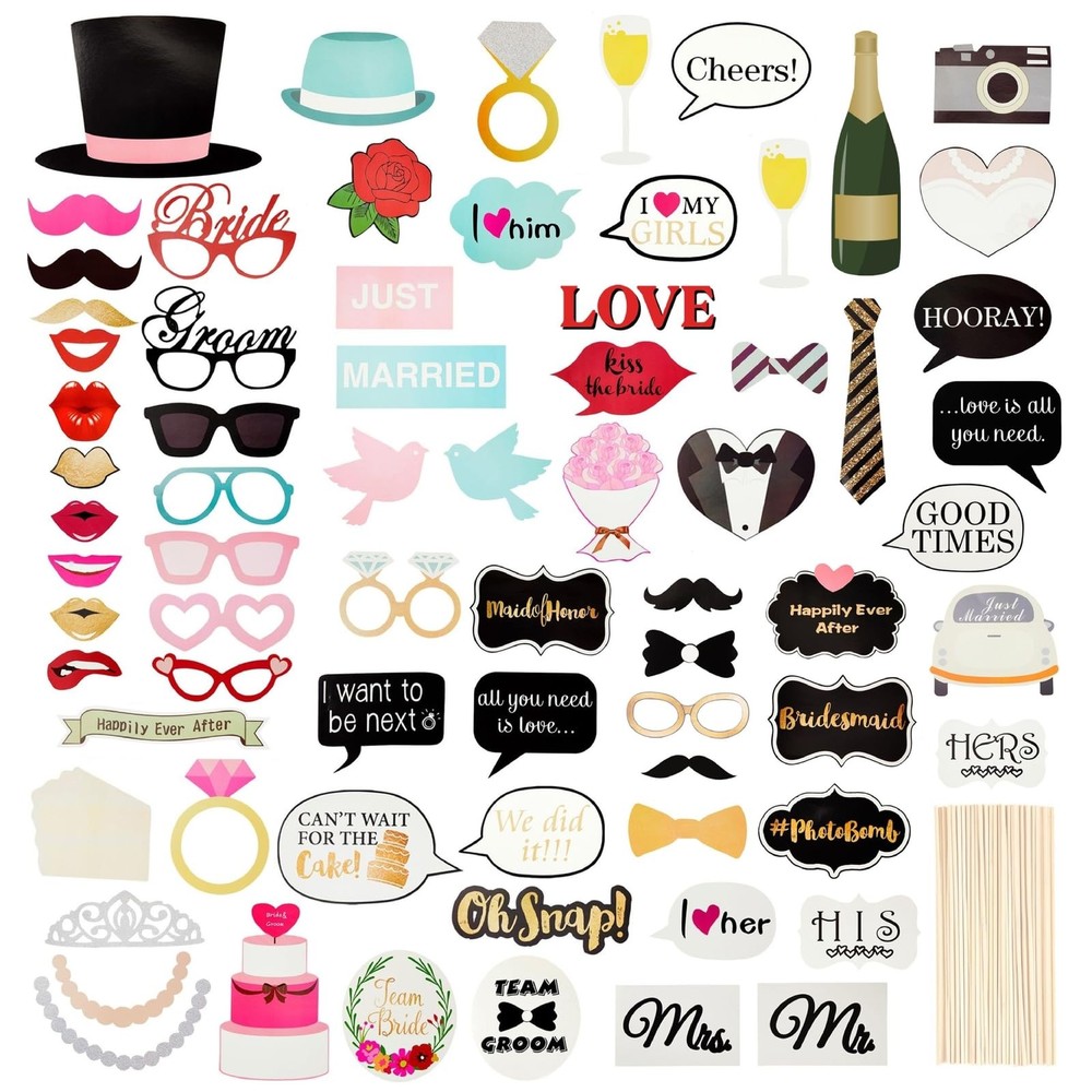 Wedding Photo Booth Props 72pcs Floral Bridal Shower Party Kit with Sticks