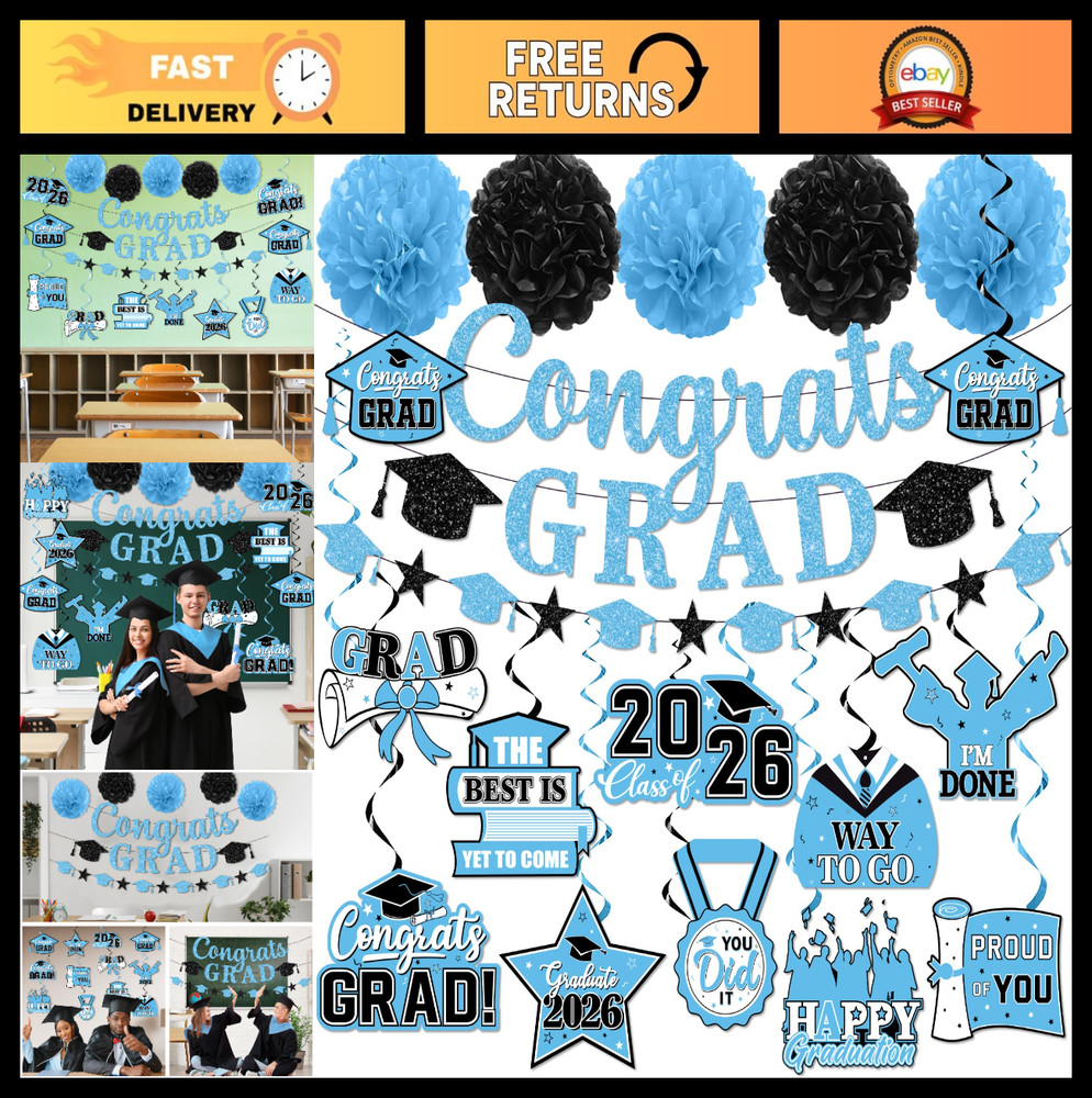 Light Blue Graduation Decorations 2026 – Congrats Grad Banner & Hanging Swirls f