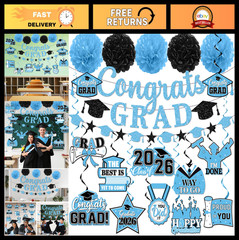 Light Blue Graduation Decorations 2026 – Congrats Grad Banner & Hanging Swirls f