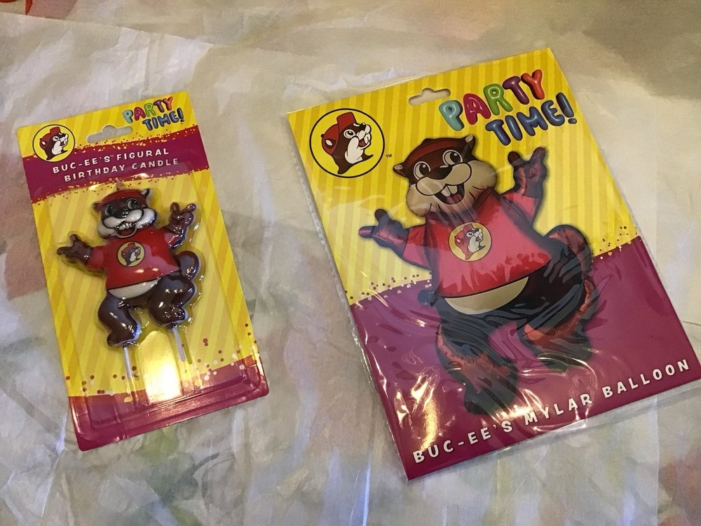 Buc-ee’s Party Time Mylar Balloon & Birthday Candle -NEW