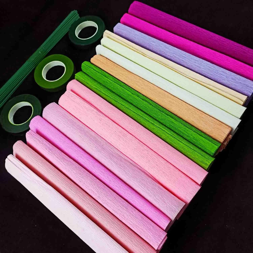 16 PCS Pink Crepe Paper Rolls Flower DIY Kits Streamer Iron Wires Tape Craft