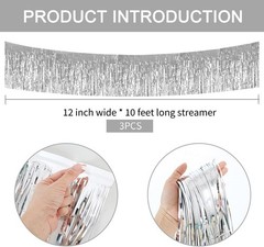 3 Packs 30 Feet Metallic Foil Fringe Garland Tinsel Streamers，Shiny Silver Wall