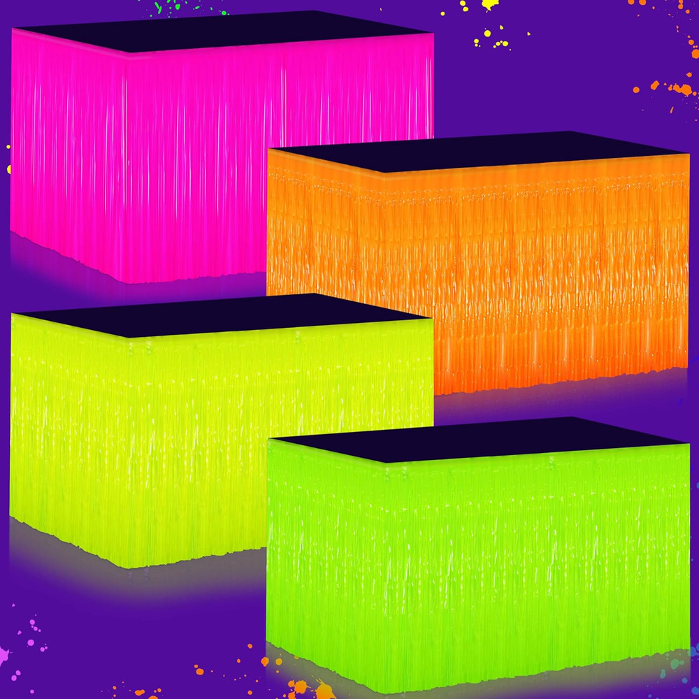 4 Pack Glow in Dark Tinsel Table Skirts 31.5″x118″ Neon UV Party Decor