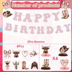 Coquettte Bows Decorations, 14 Pcs Pink Western Cowgirl Banner Hanging Swirls…